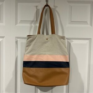 Mark & Hall Striped Colorblock Canvas and Faux Leather Tote Bag Boho Spring